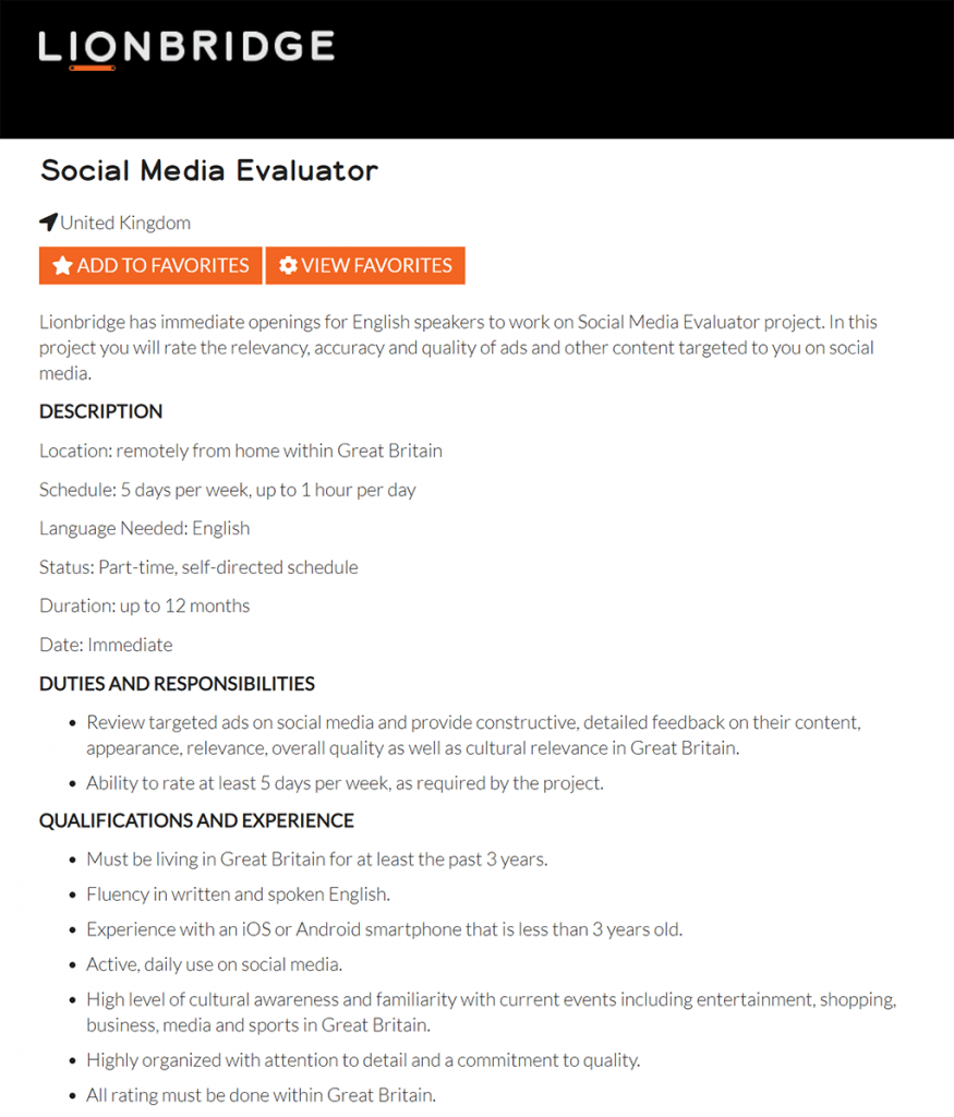 Lionbridge social media evaluator